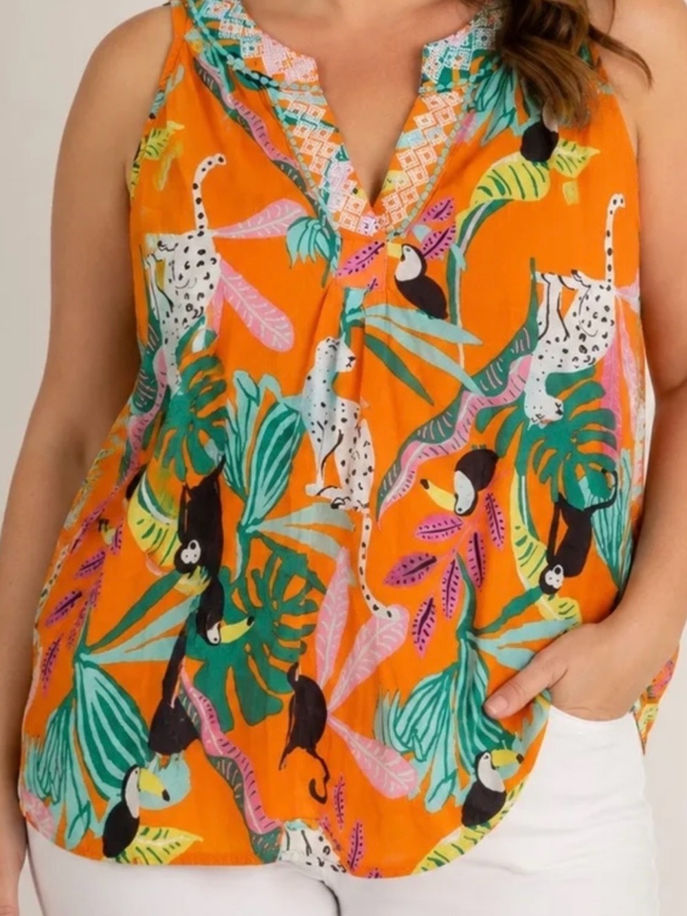 Christian Siriano Orange Tropical Jungle Print with embroidery detail Sz XL
